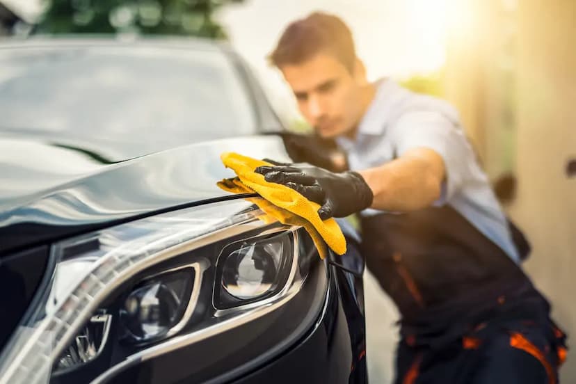 Guy waxing black car 